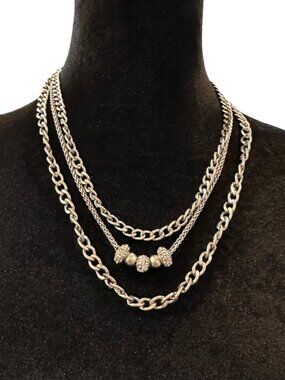 Silver-Tone Triple Layered Chain Necklace With Rhinestone Beads 18-20 Inch